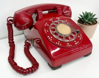Vintage Western Electric Telephone Retro 1970s Mid Century Modern + Bell System + 500 + Red Plastic + Rotary Dial + Desk Phone + NOT TESTED