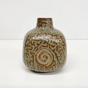 Vintage Bud Vase Retro 1960s Mid Century Modern Small Ceramic Stoneware Japanese Brown and Green Spiral Design MCM Home Decor image 3