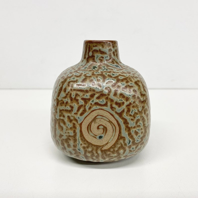 Vintage Bud Vase Retro 1960s Mid Century Modern Small Ceramic Stoneware Japanese Brown and Green Spiral Design MCM Home Decor image 3