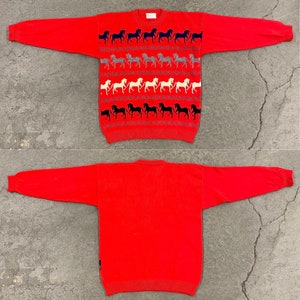 Vintage Wool Sweater Retro 1980s Preppy Horses Horseshoe Red Made in Killarney Ireland NO SIZE L/S Pullover Womens Apparel image 2