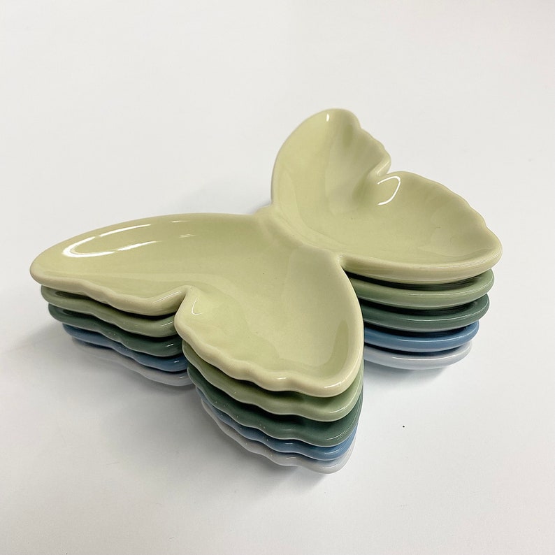 Vintage Ring Dishes Retro 2000s Bohemian Butterflies Ceramic Set of 5 Pastel Blue and Green Butterfly Home Decor Small Storage image 4