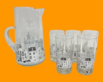 Vintage Pitcher and Glasses Set Retro 1980s Mid Century Modern + Olde Philadelphia + Society Hill + Glass + W&B Design + Set of 6 + Barware