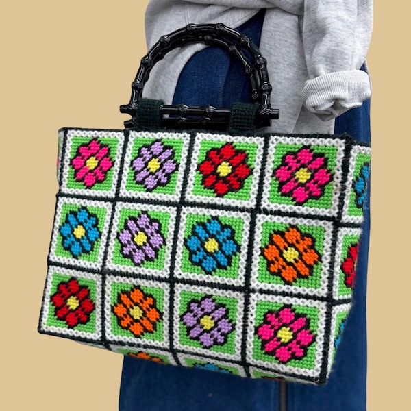 Vintage Cross-Stitch Yarn Handbag Retro 1970s Bohemian + Handmade + Granny Squares + Vibrant Flowers + Black Plastic + Bamboo Top Handles