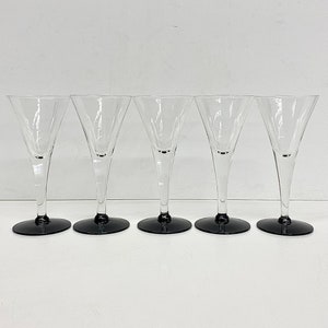 Vintage Cocktail Glasses Retro 1970s Mid Century Modern Clear Glass Black Stems Set of 5 Sherry or Wine Barware Drinking image 2