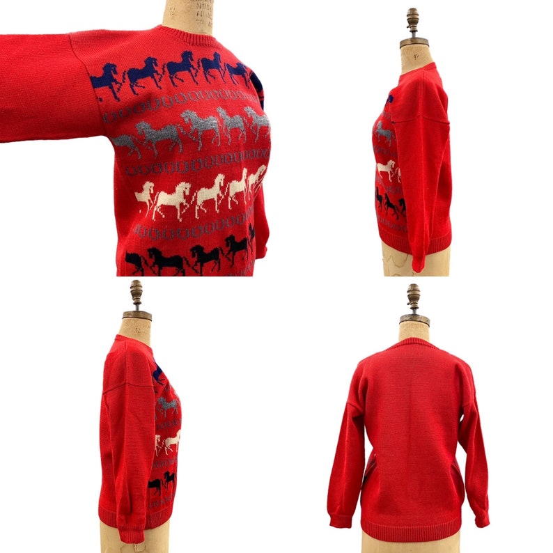 Vintage Wool Sweater Retro 1980s Preppy Horses Horseshoe Red Made in Killarney Ireland NO SIZE L/S Pullover Womens Apparel image 4