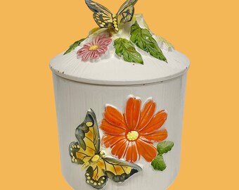 Vintage Butterfly Canister Retro 1970s Mid Century Modern + White Ceramic + Colorful Flowers + Butterflies + Kitchen Storage + Cookie Jar