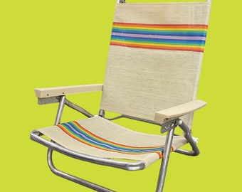 Vintage Beach Chair Retro 1990s Coastal + Rainbow Stripe Fabric + Aluminum Frame + Adjustable Chaise Back + Lays Flat + Fold Up + Seating