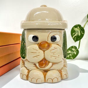 Vintage Dog Wearing a Hat Cookie Jar Retro 1970s Mid Century Modern + Mount Clemens Pottery + Ceramic + Kitchen Storage + Made in Taiwan