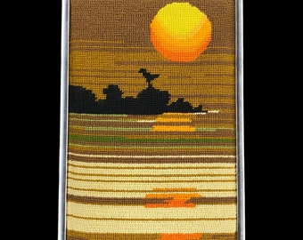 Vintage Sunset Needlepoint 1970s Retro Size 13x8 Bohemian + Handmade + On the Water + Embroidery + Fiber Art + MCM Home and Wall Decor