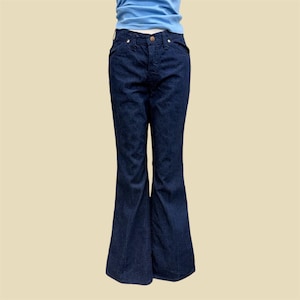 Vintage Wrangler Jeans Retro 1970s Womens + Size 11/12 Tag + 28" Waist + Flares + Dark Wash + High Rise + Snap Button + Made in the USA image 1