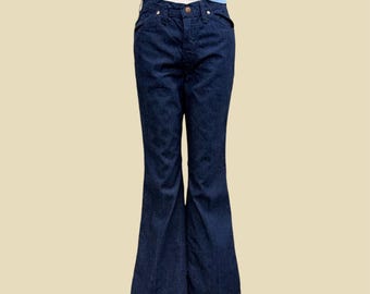 Vintage Wrangler Jeans Retro 1970s Womens + Size 11/12 Tag + 28" Waist + Flares + Dark Wash + High Rise + Snap Button + Made in the USA