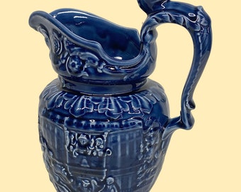 Antique Arthur Wood Pottery Pitcher Retro 1920s Farmhouse + Cobalt Blue + Porcelain + Horse Head + Ewer Jug + Kitchen + Made in England