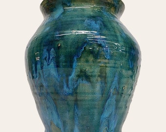 Vintage Vase Retro 1980s Bohemian + 10" H + Ceramic + Turqioise/Blue/Green + Drip Glaze + Handmade + Boho Home Decor + Pottery + Decoration