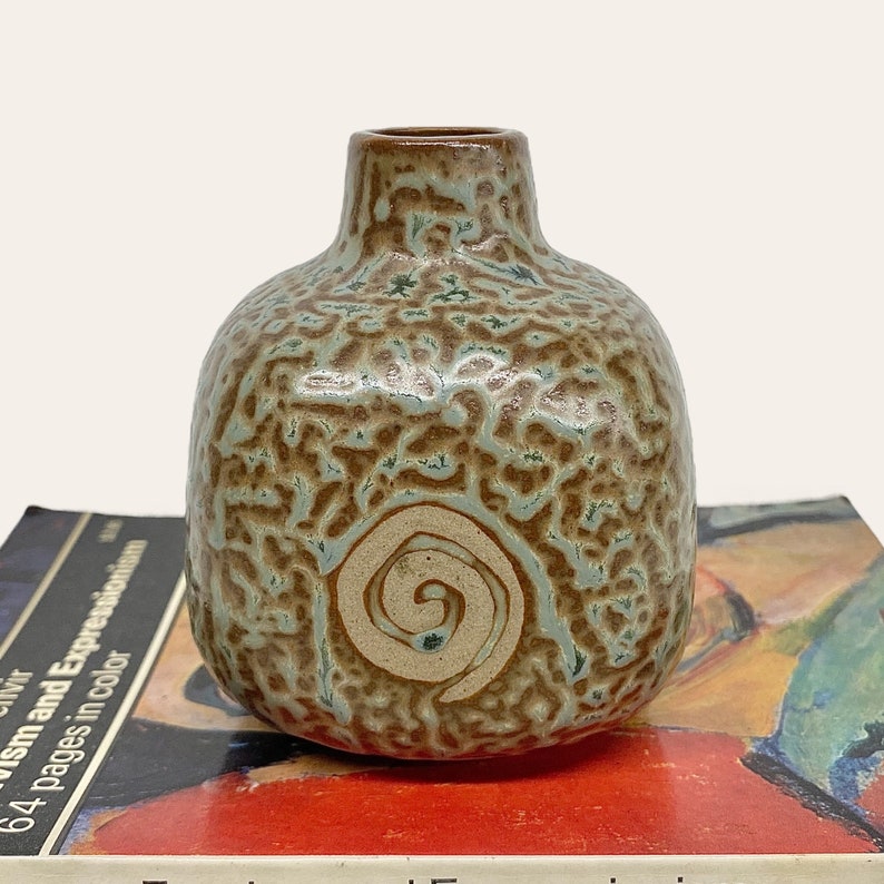 Vintage Bud Vase Retro 1960s Mid Century Modern Small Ceramic Stoneware Japanese Brown and Green Spiral Design MCM Home Decor image 1