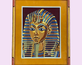 Vintage King Tut Needlepoint 1980s Retro Size 24x19 Eclectic + Handmade + Egyptian Wall Art + Brown/Blue/Tan + Embroidery + Home Decor