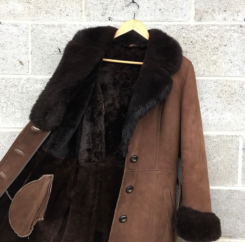 Tie Front Vintage Coat Retro 1970s Penny Lane Made In Spain Almost Famous Faux Fur Women/'s Apparel Cold Weather Suede