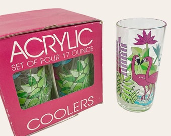 Vintage Acrylic Tumblers Retro 1990s Strawbridge & Clothier + Flamingos and Plants + Set of 4 + Plastic + Outdoor Drinking Glasses + In Box