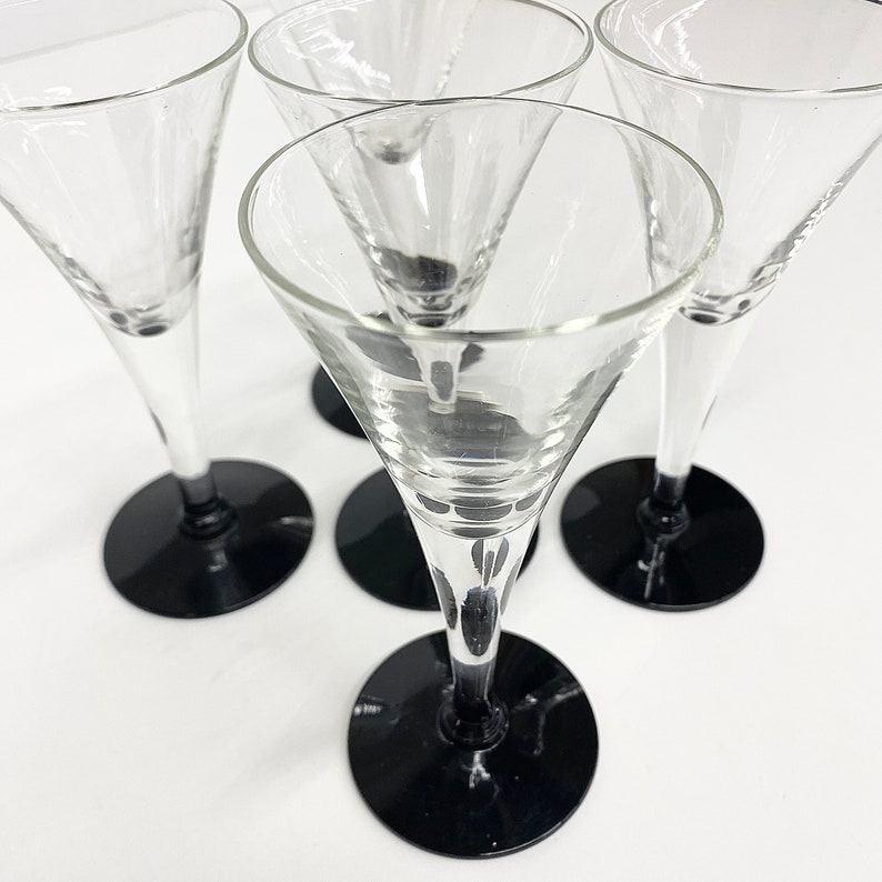 Vintage Cocktail Glasses Retro 1970s Mid Century Modern Clear Glass Black Stems Set of 5 Sherry or Wine Barware Drinking image 9