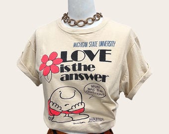 Vintage Michigan State University T-Shirt 1970s Retro Unisex Size Medium + Ziggy + Love is the Answer + Cotton + Crewneck + Pullover + S/S