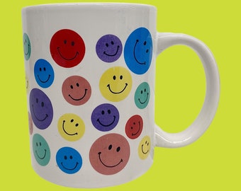 Vintage Smiley Face Mug Retro 1990s Contemporary + White Porcelain + Rainbow Design + Smiles + Modern Kitchen + Drinking + Coffee and Tea
