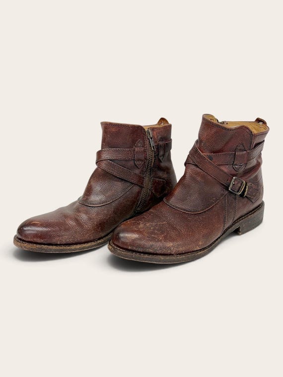 Frye, Vintage Frye Jayden Cross Strap Moto Ankle Boots 2000s Retro Womens Size 7 B + Antiqued Brown Leather + Side Zippers + 1" Heels