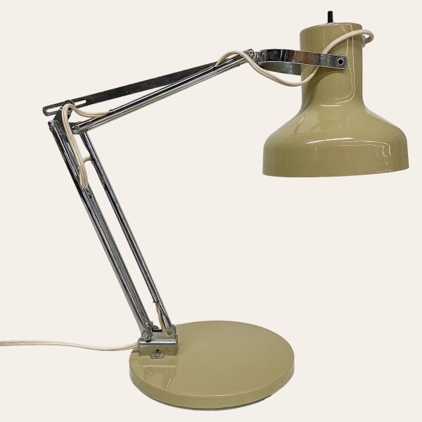 Vintage Desk Lamp Retro 1970s Mid Century Modern + Art Specialty Company + Metal + Beige + Silver + Adjustable Neck + Task Light + Lighting