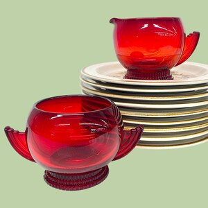 Vintage Duncan & Miller Creamer and Sugar Retro 1930s Art Deco + Ruby Red Glass + Terrace + Set of 2 + Kitchen Storage + Red Kitchen Decor