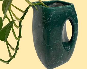 Vintage Handled Vase Retro 1970s Mid Century Modern + Ceramic + Dark Green + Light Green Deisgn + Pour Spout + Pitcher Planter + Home Decor