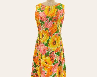 Vintage Foral Dress Retro 1960s Mid Century Modern + Homemade + No Size Tag + Orange/Pink/Yellow + High Neck + Sleeveless + Womens Fashion