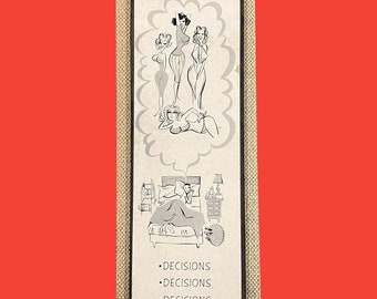 Vintage Novelty Adult Wall Art 1960s Retro Size 12x5 Mid Century Modern + Decisions + Pin Up Women + Man Dreaming + Humor + Man Cave Decor