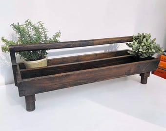 Vintage Wooden Toolbox 1970s Retro Farmhouse + Dark Wood + Two-Section Tool Tote with Handle + Rustic Tool Storage and Organization