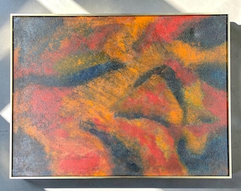 Vintage Abstract Colors Oil Painting Retro 1970s Size 40x30 + Mid-Century Modern + Red/Orange/Blue + Original + Unsigned + Textured + Framed
