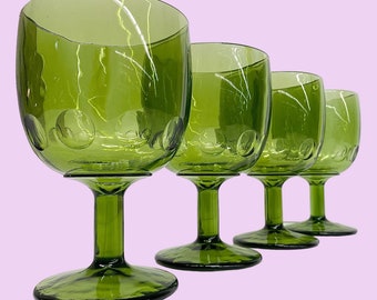 Vintage Water Goblets Retro 1970s Mid Century Modern + Bartlett Collins + Thumbprint + Avocado Green Glass + Set of 4 + MCM Bar or Kitchen