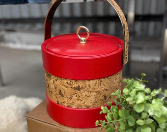Vintage Georges Briard Ice Bucket Retro 1970s Mid Century Modern + Red Vinyl and Cork + Cylinder + Barware + Ice Storage + Bar Home Decor