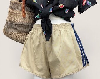 Vintage Track Shorts Retro 1980s Season Pass + Unisex Size Large + Tan + Navy Blue Stripes + Varsity + Athletic Bottoms + Made in USA