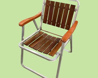 Vintage Lawn Chair Retro 1960s Mid Century Modern + Silver Aluminum Frame + Redwood Slatted + Folds Up + Outdoor + Camping Seating + Patio