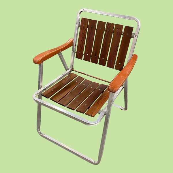 Vintage Lawn Chair Retro 1960s Mid Century Modern + Silver Aluminum Frame + Redwood Slatted + Folds Up + Outdoor + Camping Seating + Patio