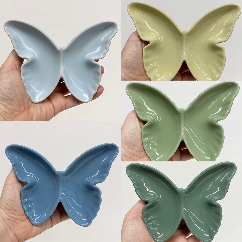 Vintage Ring Dishes Retro 2000s Bohemian Butterflies Ceramic Set of 5 Pastel Blue and Green Butterfly Home Decor Small Storage image 2