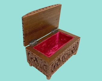 Vintage Jewelry Box Retro 1970s Mid Century Modern + Carved + Brown Wood + Hinge Top + Hot Pink Fabric Lining + Woman + Girl + Jewel Storage