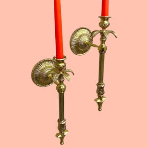 Vintage Candlestick Wall Scones Retro 1980s Tropical or Beach + Palm Tree Leaves + Gold Metal + Set of 2 + Brass Wall Decor + Candle Display