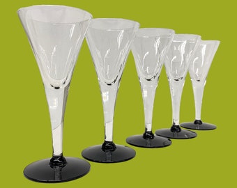 Vintage Cocktail Glasses Retro 1970s Mid Century Modern + Clear Glass + Black Stems + Set of 5 + Sherry or Wine + Barware + Drinking