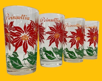 Vintage Poinsettia Glasses Retro 1950s Mid Century Modern + Boscul Peanut Butter + Glass + Red/Orange Flowers  + Set of 4 + Water Tumblers
