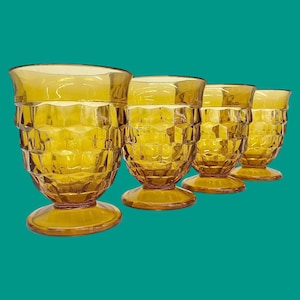 Vintage Indiana Glass Water Glasses Retro 1960s Mid Century Modern + Colony + Whitehall + Amber + Set of 4 + MCM Footed Glasses + Cubist