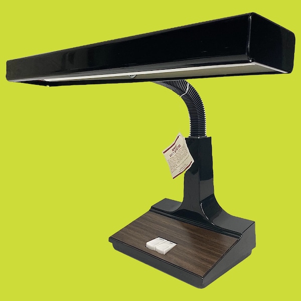 Vintage Mobilite Desk Lamp Retro 1980s Contemporary + #169 + Black Metal + Woodgrain Base + Gooseneck + Office Lighting + Desktop Lamp