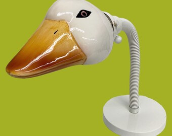 Vintage Goose Head Desk Lamp Retro 1970s Mid Century Modern + George Kovacs Style + Ceramic Shade + White Plastic/Metal + Lighting + Light