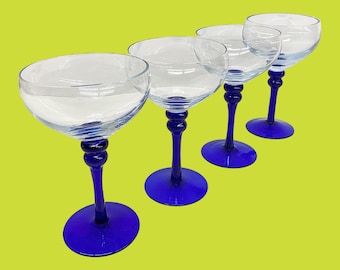 Vintage Champagne Glasses Retro 1980s Contemporary + Glass + Cobalt Blue and Clear + Handmade + Bar + Barware + Alcohol + Modern Stemware
