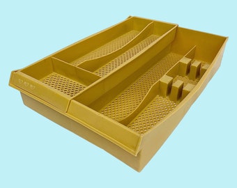 Vintage Cutlery Tray Retro 1970s Mid Century Modern + Mustard Yellow + Plastic + Set of 2 + Perforated Bottoms + Kitchen Silverware Storage