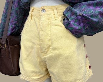 Vintage Jean Shorts 1990s Retro Womens Size 9/10 + Preppy + Happy Legs + Butter Yellow + Denim + Gingham Patches + Zipper + Summer Bottom