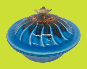 Vintage Maurice of CA Covered Dish Retro 1960s Mid Century Modern + Style 1M81 + Ceramic + Drip Glaze + Blue and Orange + Candy + Kitchen