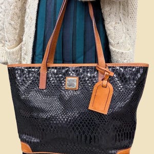 Vintage Dooney & Bourke Charleston Shopper Tote Retro 2000s Preppy + Black and Brown + Snake-Embossed and Leather Finish + Shoulder Straps